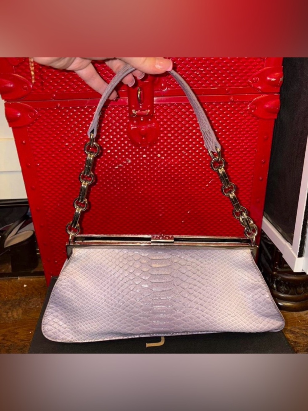 Nine West Elegant Lavender Python-Texture Shoulder Bag with mini charm